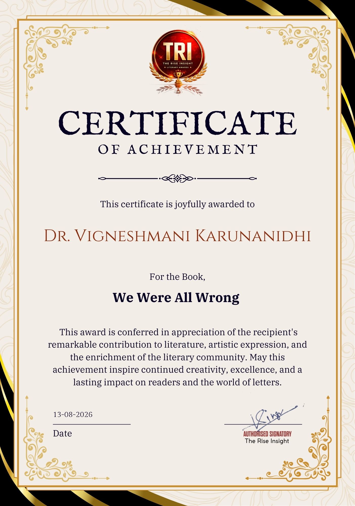 Dr. Vigneshmani Karunanidhi Award Certificate