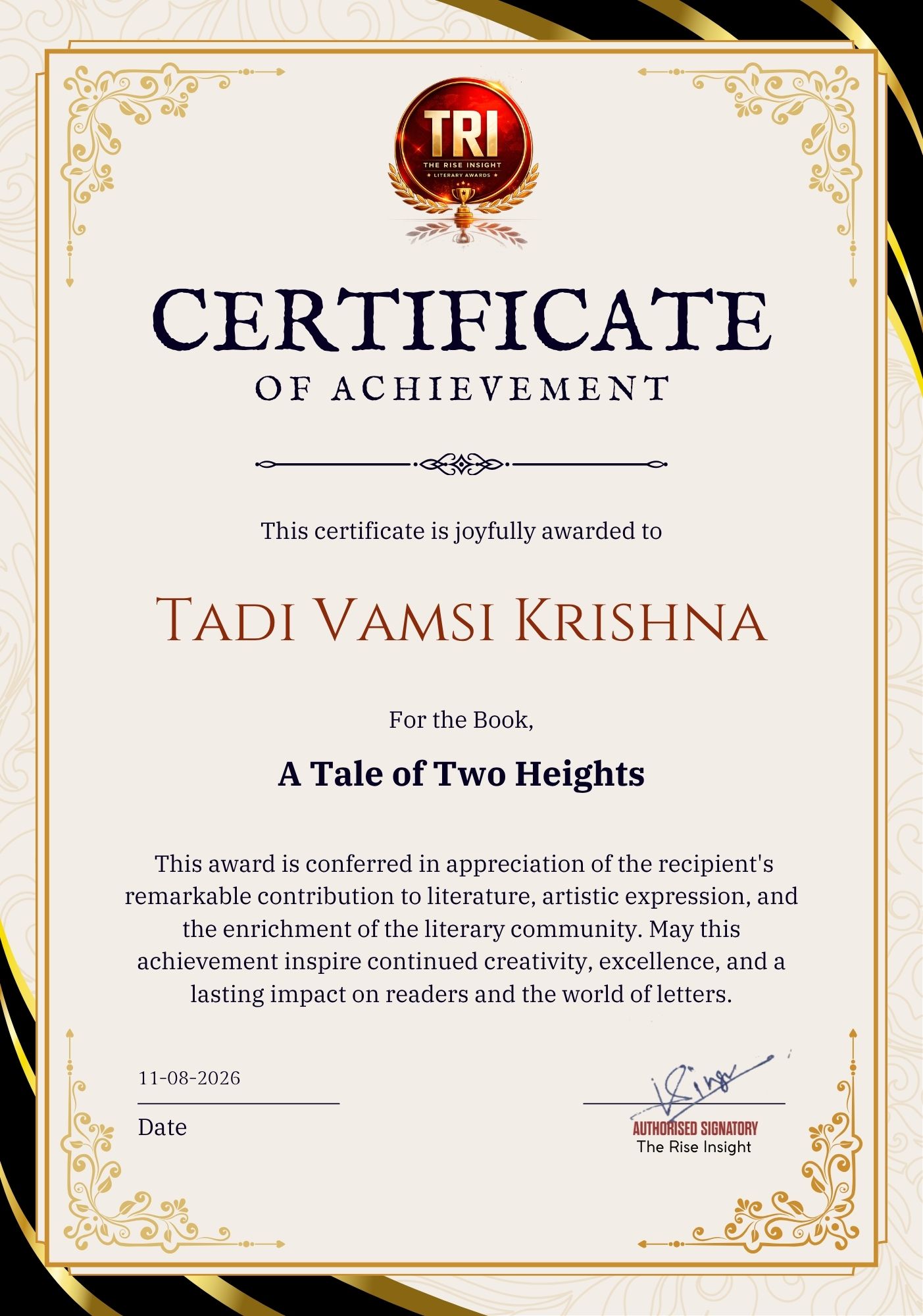 Vamsi Krishna Award Certificate