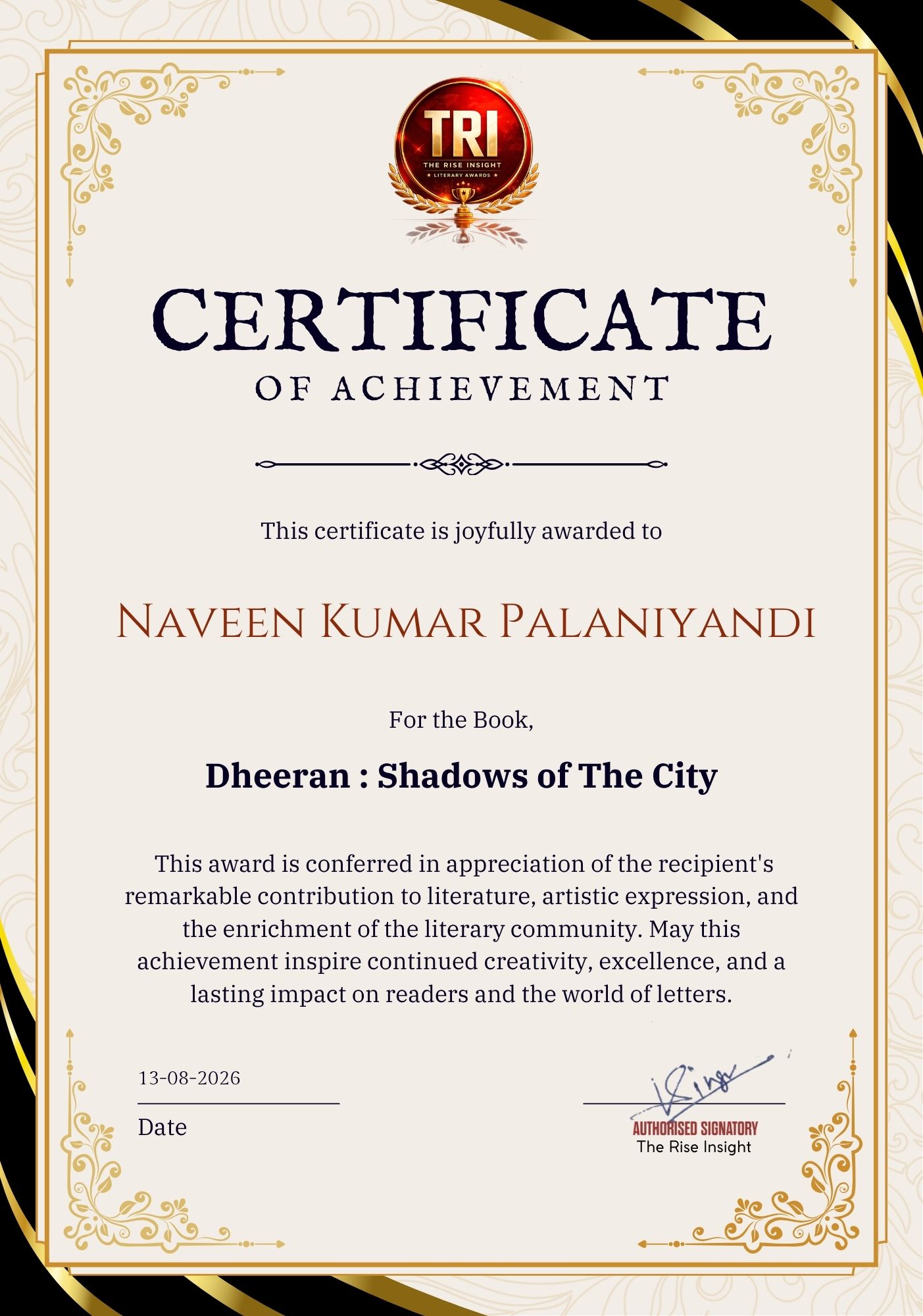 Naveen Kumar Palaniyandi Award Certificate