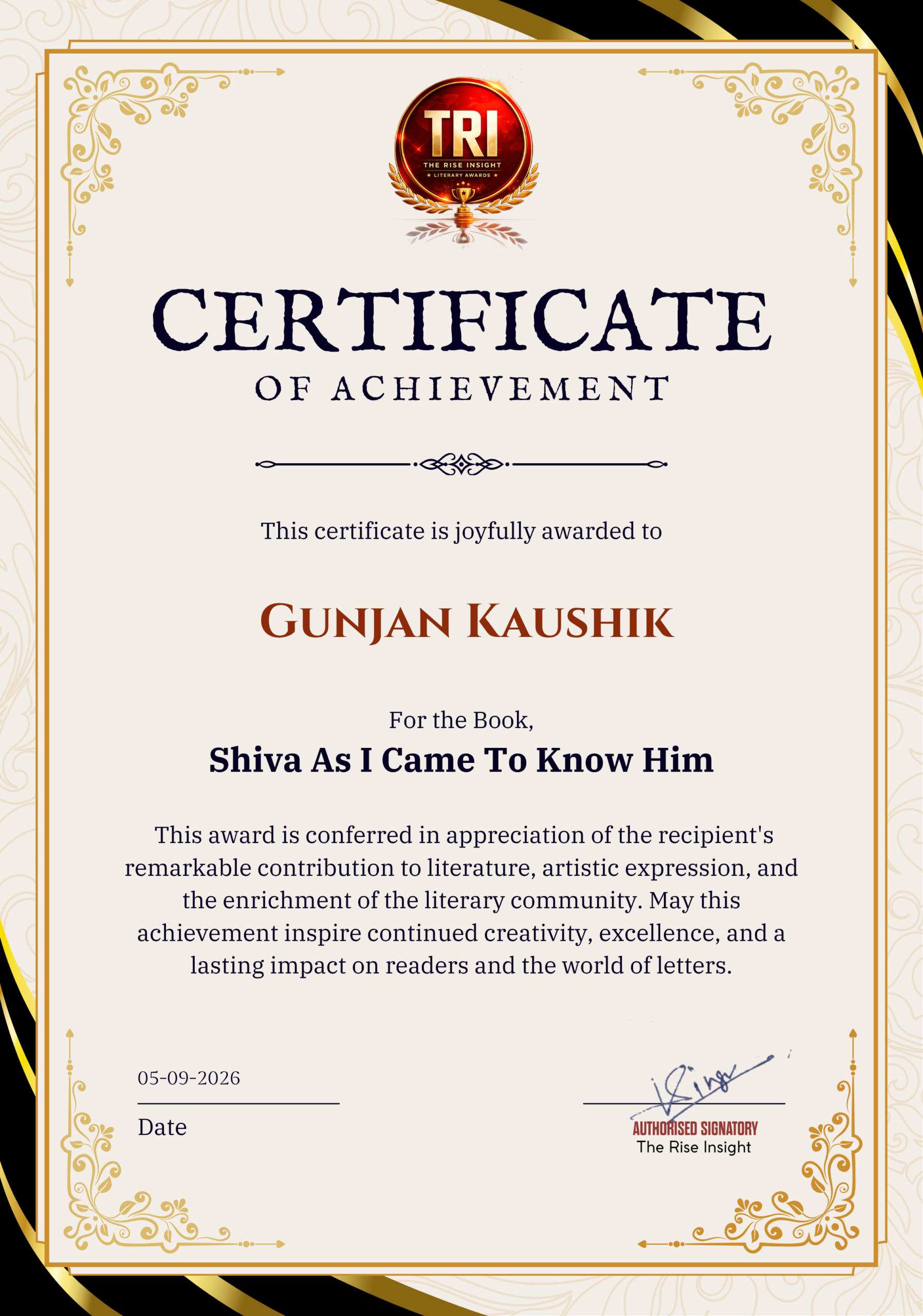 Gunjan Kaushik Award Certificate
