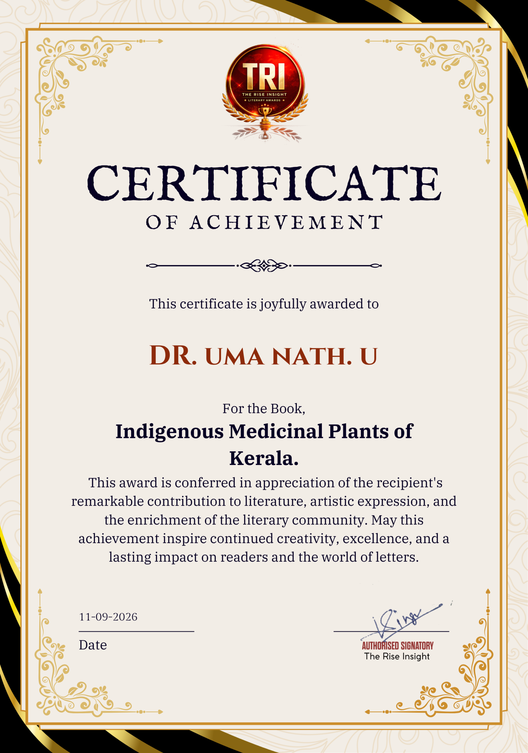 Dr. Uma Nath. U Certificate